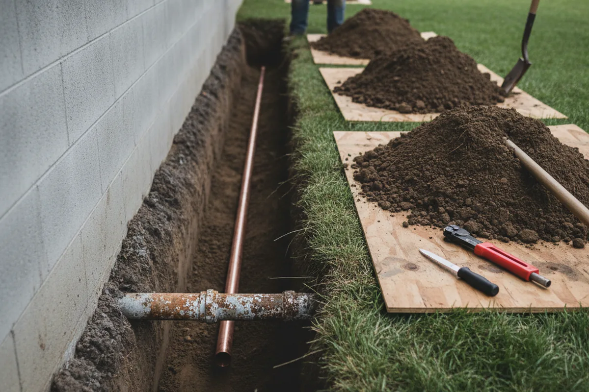 Excavated water line trench during Sewer Line Repair in Lansdale